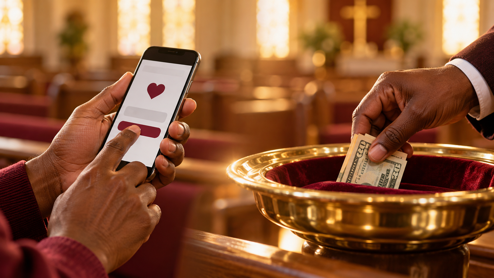 Hands giving through a smartphone and placing money in a gold church offering tray